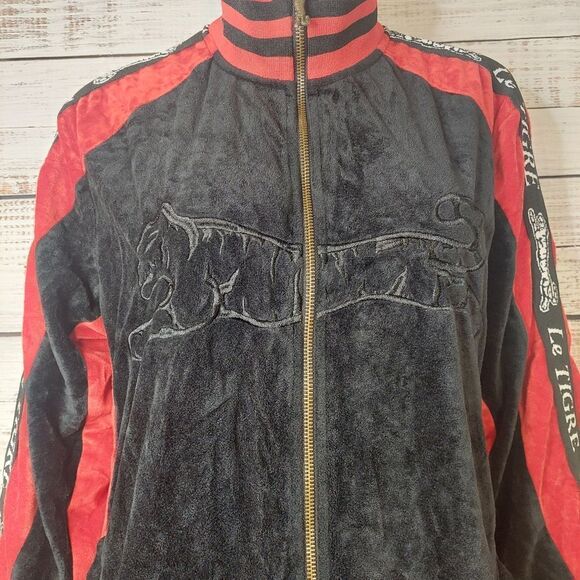 Le Tigre Mens L Black & Red Velour Embroidered Jacket - Picture 2 of 14